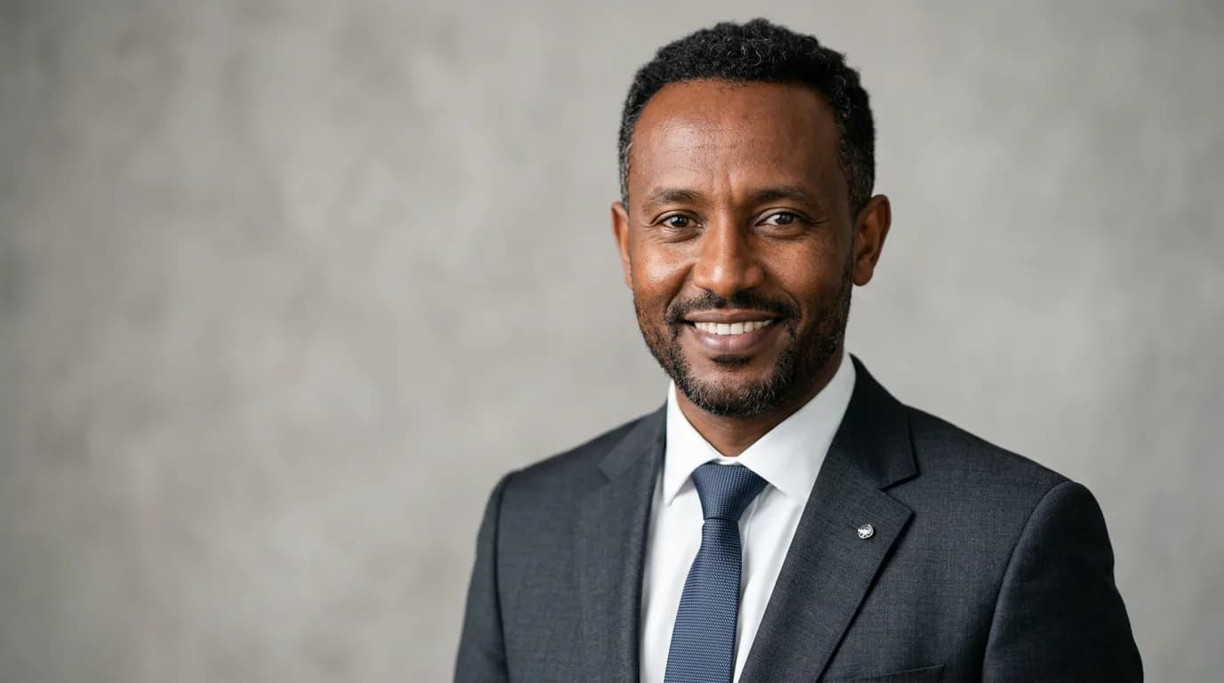 A man in a suit, smiling, photographed against a grey wall