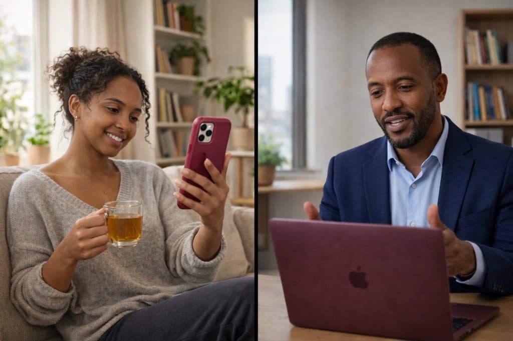A woman on her phone at home and a man talking on a laptop video call