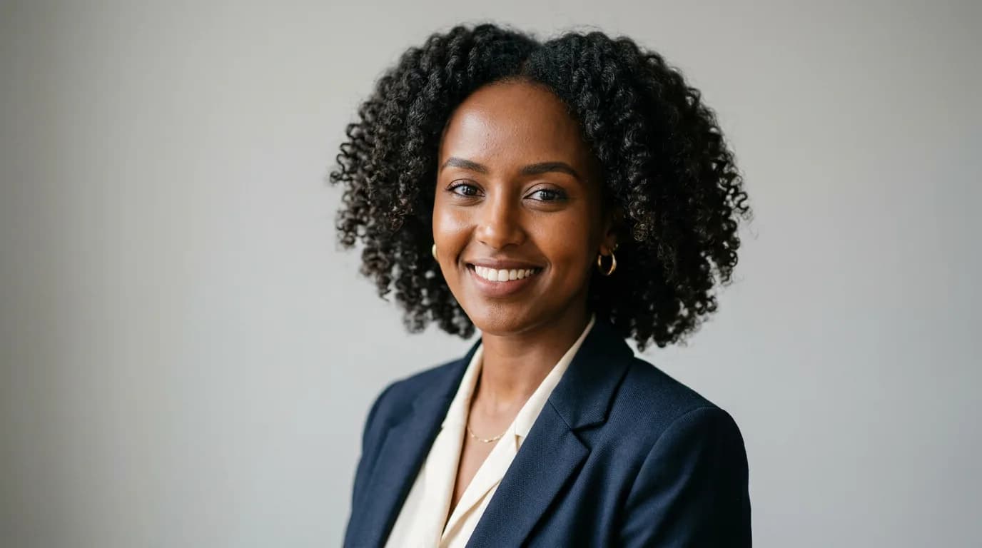 A woman in a navy blazer, smiling, photographed against a grey wall